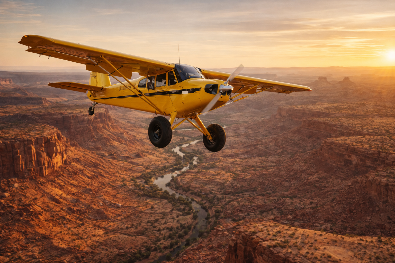 Bush plane flying over desert landscape
