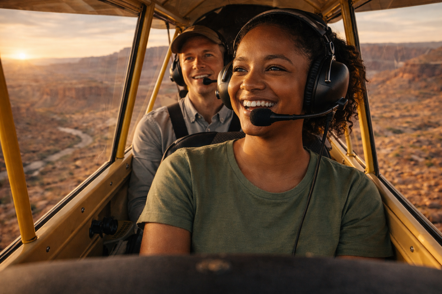 First-time flyer smiling in cockpit